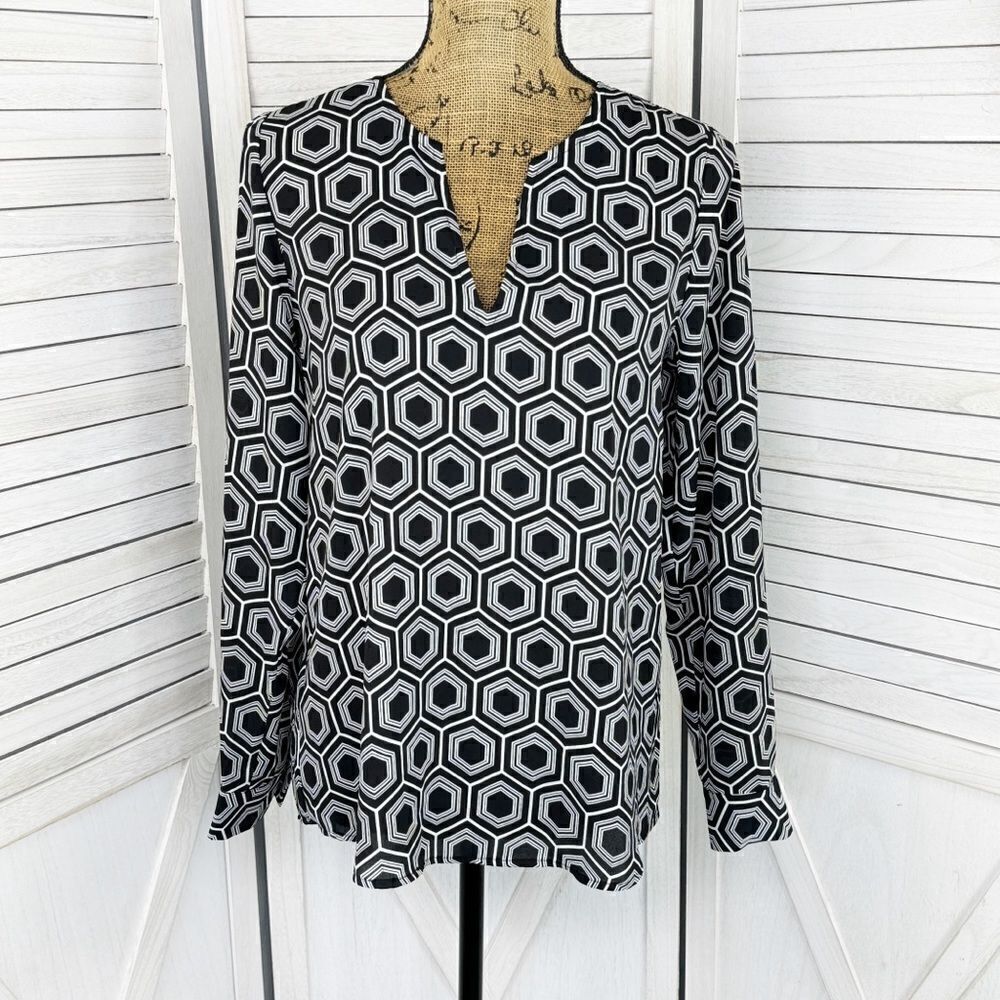 INC International Geometric Print Split Neck Popover‎ Blouse Black White 4